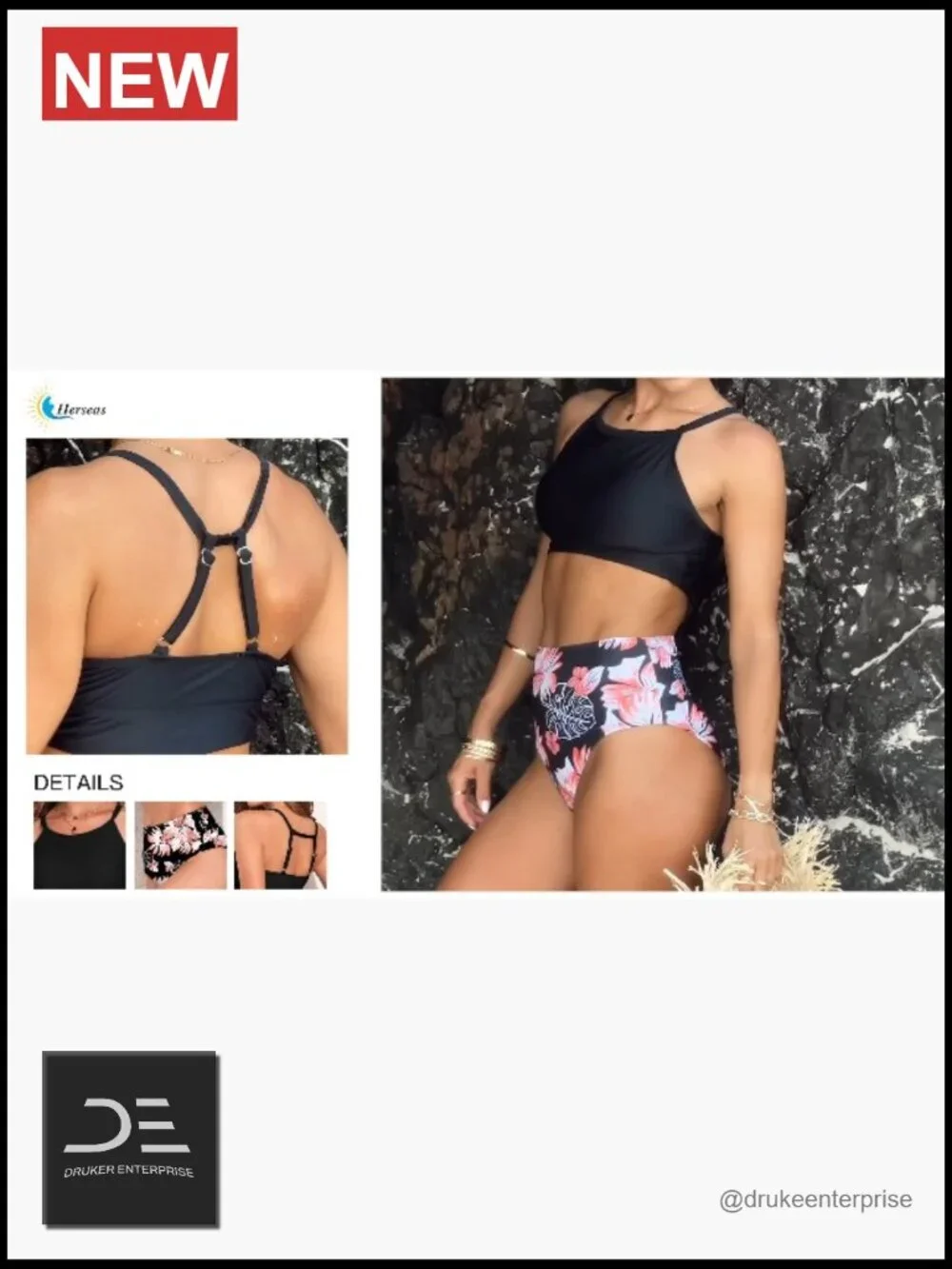 High Neck Tropical Leaf Print High Waisted Bikini Set Two Piece Swimsuits
